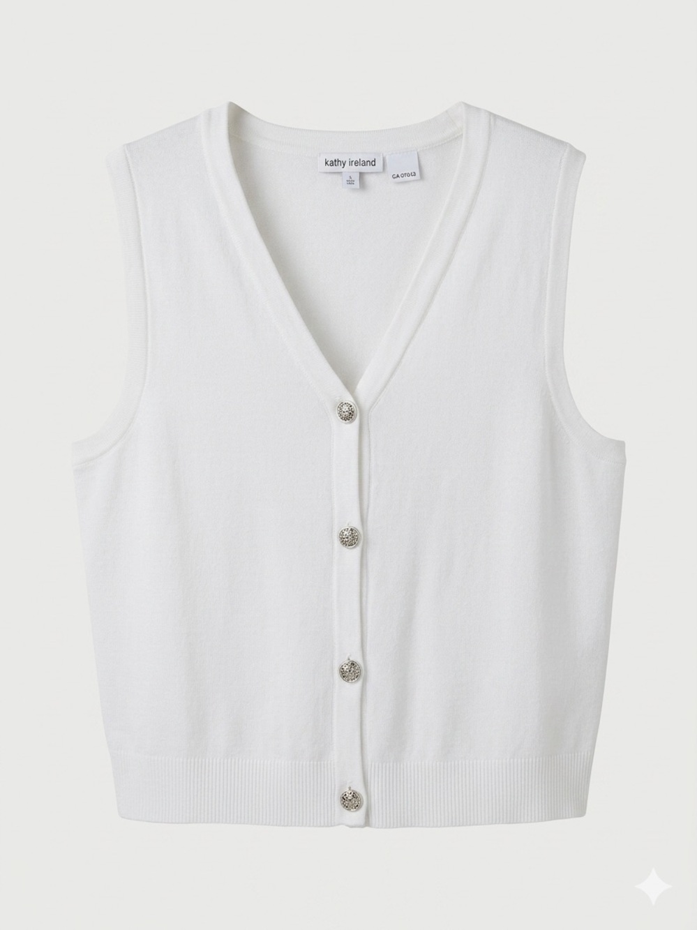 NEW Kathy Ireland White Sleeveless V-Neck Button Front Knit Top